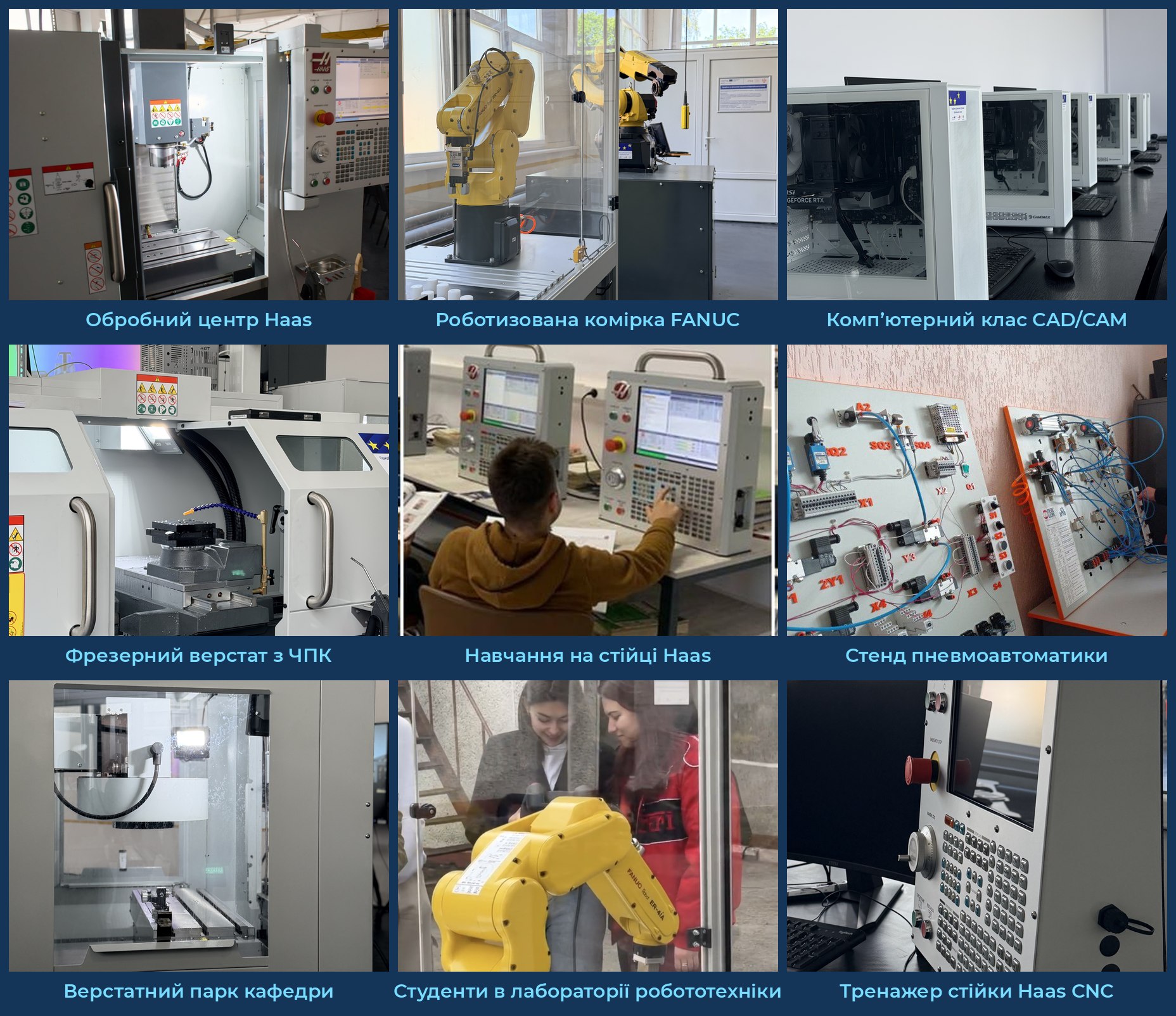 Лабораторії кафедри: верстати з ЧПК, роботи FANUC, комп’ютерні класи