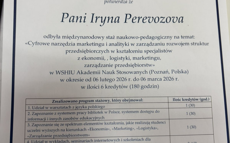 МІЖНАРОДНА АКАДЕМІЧНА МОБІЛЬНІСТЬ: СТАЖУВАННЯ ПРОФЕСОРА КАФЕДРИ ПІДПРИЄМНИЦТВА ТА МАРКЕТИНГ ІФНТУНГ ІРИНИ ПЕРЕВОЗОВОЇ У WSHIU AKADEMIA NAUK STOSOWANYCH В ПОЗНАНІ